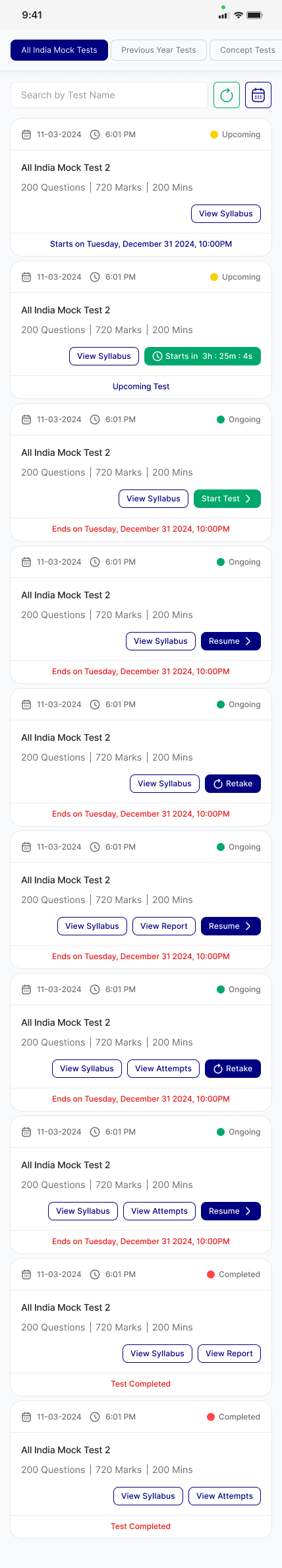 All India Mock Tests Interface